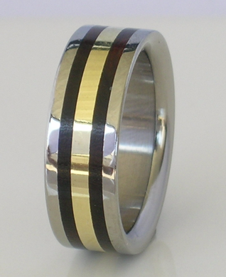 Pure Tungsten and 14kt Yellow Gold with Titanium Exotic Black Ebony Wood Wedding Band in a Mens or Ladies Design Sizes 4-17 & 1/4 sizes