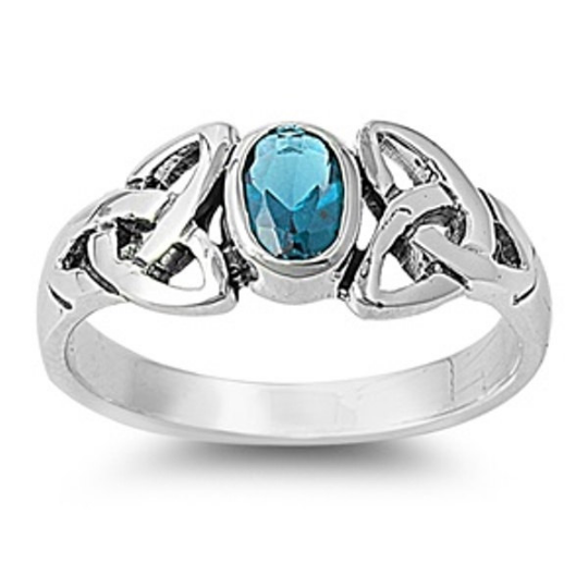 Celtic Design Sterling Silver Ring with Oval Cut Aquamarine Cubic Zirconia Gemstone HandCrafted Size 6 8