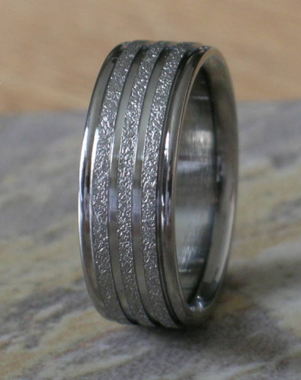 Titanium Wedding Band Custom Designed Size 10 8mm Wide Mens or Ladies Ring Satin Frost with Polished Line Design