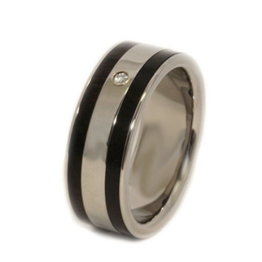 Titanium Ring and Exotic Black Ebony African Wood Double Row Genuine Diamond Mens Ladies HandCrafted WEDDING Band Any Size 4-17 & 1/4 sizes