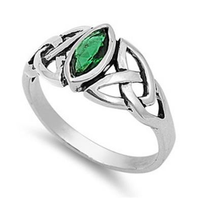 Celtic Design Sterling Silver Ring with Marquise Emerald Cubic Zirconia Gemstone HandCrafted Size 6 7