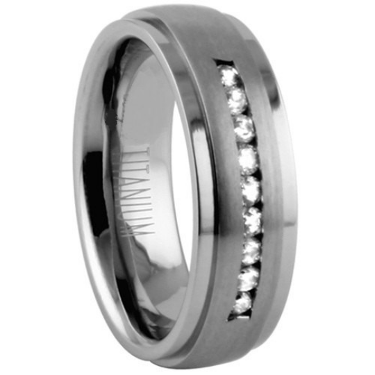 Titanium Wedding Band 7mm Width Cubic Zirconia Gemstones Channel Set Satin & Polished Edges Design Size 5 6 7 8 9 10 11 12