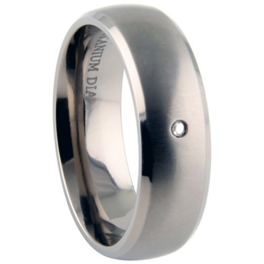 Titanium Wedding Band 7mm Round Genuine Diamond Burnished Set Satin Polished Edges Design Size 9 10 11 12