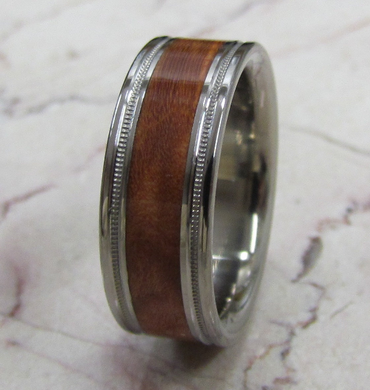 Titanium Wood Ring Custom Comfort Fit Wedding Band Brown Maple Burl Wood Milgrain Finish Wooden Anniversary Ring