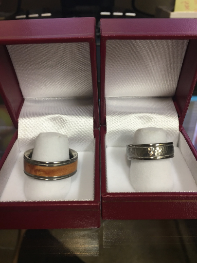 RESERVED FOR Erika Stern: Titanium Wood Ring Comfort Fit Wedding Band Brown Maple Burl Wood & titanium hammered inlay Ring