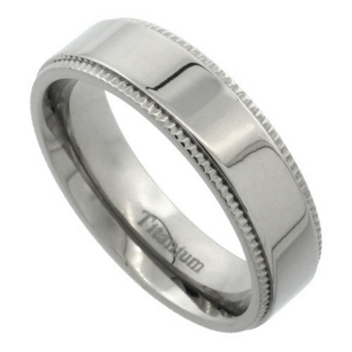 Titanium 6mm Flat Wedding Band Ring Millgrain Edges Highly Polished Comfort Fit sizes 7 to 14