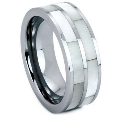 Tungsten Wedding Band His or Hers 6MM & 8MM Double Row Mother of Pearl Shell Inlay Unique Design Polished Ring FREE gift Box Size 5 to 13