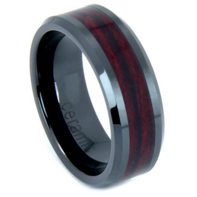 Black Wedding Band Wood Inlay 8mm Flat Ring High Tech Ceramic Beveled Edge Size 7 8 9 10 11 12 13