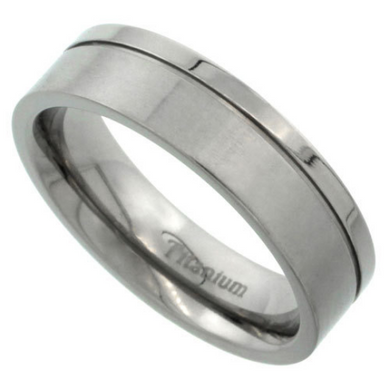 Titanium 6mm Flat Wedding Band Ring One Polished Squared Grooved Edge & Matte Finish Comfort Fit sizes 5 to 14