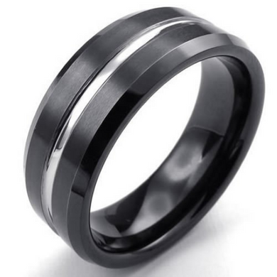 Black & Silver Tungsten Ring 8mm Band Single Row High Polish Finish Beveled Edge Design Sizes 8 9 10 11 12 13