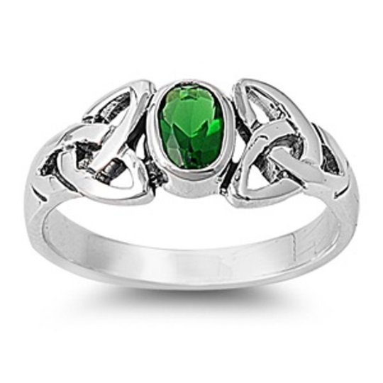 Celtic Design Sterling Silver Ring with Oval Cut Emerald Cubic Zirconia Gemstone HandCrafted Size 6