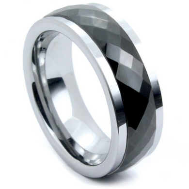 Tungsten Ring Moving Center Spinner Black Prism Multi Faceted Design Comes in 8MM Comfort Fit Sizes 12 13
