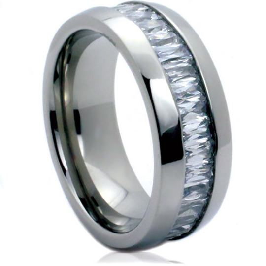 Titanium 8MM Ring Wedding Band Emerald Cut Cubic Zirconia Gemstones Eternity Band FREE gift Box Size 5 to 14