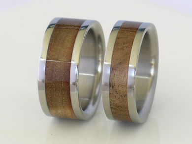 Pure Tungsten and Titanium Exotic SUGAR GUM WOOD Bands His and Hers Wedding Bands Flat Design Any Size 4-17 & 1/4 sizes