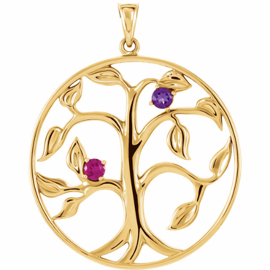 Mothers Necklace Pendant 14kt Yellow Gold Two Genuine Stones 3.0mm Stones Family Tree Choose any Gemstone Preffered