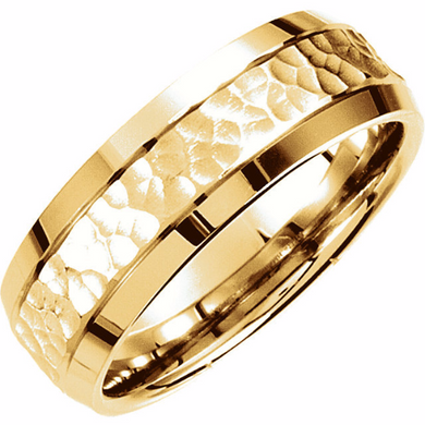 14kt Yellow Gold Wedding Band Hammer Design 8mm Width Beveled Edge Rhodium Finish Size 7 8 9 10 11 12 & in 1/4 Size increments