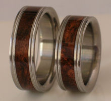 Pure Tungsten and Titanium Exotic Brown Maple Burl Wood Bands His and Hers Milgrain Design Wedding Bands Flat Design Sizes 4-17 & 1/4 sizes