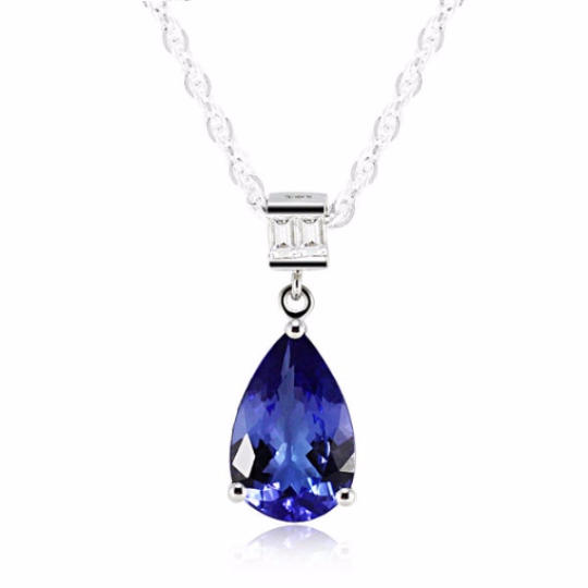 Natural Tanzanite Pear Shape 1.75cts to 2.00cts 14kt White Gold Pendant Design & Baguette Diamonds 0.20pts & Link Chain 18