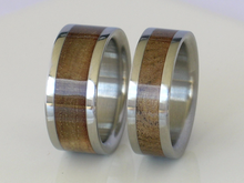 Titanium Rings with Exotic SUGAR GUM WOOD Inlay Bands His and Hers Wedding Bands Flat Design Any Size 4-17 & 1/4 sizes