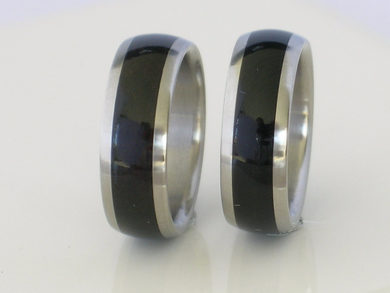 Titanium Wood Rings Custom Wedding Band Set Inlaid African Black Ebony Wood His and Hers Pair Available in Mens Ladies sizes 4 - 18