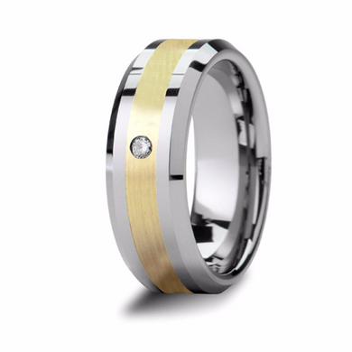Tungsten 14kt Yellow Gold Wedding Ring Diamond Center 0.15pts High Polish Finish 9mm Mens Band Size 4 5 6 7 8 9 10 11 12 13 14 15 16 17