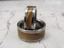 Titanium Wooden Wedding Bands Set of TWO Custom Made Rings Inlaid Bethlehem Olive Wood From The Holy Land Exotic Wood Available in size 4-17