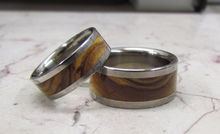 Titanium Wooden Wedding Bands Set of TWO Custom Made Rings Inlaid Bethlehem Olive Wood From The Holy Land Exotic Wood Available in size 4-17
