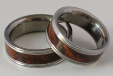 Pure Tungsten and Titanium Exotic Brown Maple Burl Wood Bands His and Hers Milgrain Design Wedding Bands Flat Design Sizes 4-17 & 1/4 sizes