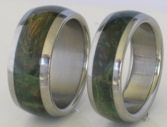 Custom TUNGSTEN Wedding Set Inlaid with Green Maple Burl Wood Rings Available for men and women in sizes 4-18