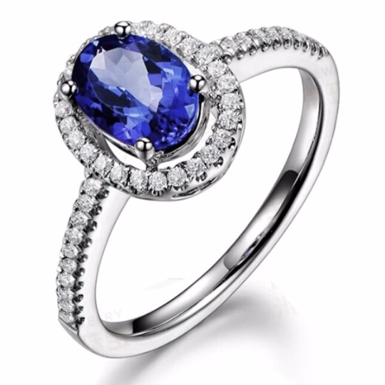 Tanzanite & Diamond Ring in 14kt White Gold Halo Design