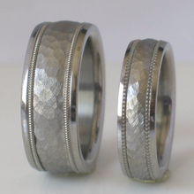 Custom Made Tungsten and Titanium Wedding Band Set Hammered Milgrain Design Available in mens and womens sizes 4-18