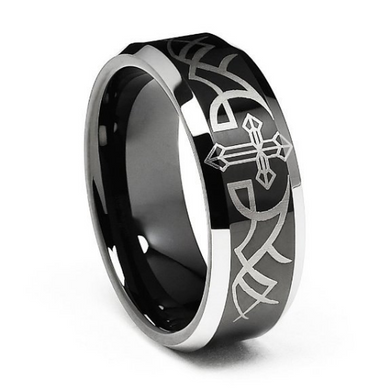 Tungsten 8MM Wedding Band Beveled Black Cross Tungsten Carbide Ring Comfort Fit Design Size 8 8.5 9 9.5 10 10.5 11 11.5 12 12.5 13 13.5 14