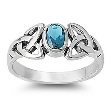 Celtic Design Sterling Silver Ring with Oval Cut Aquamarine Cubic Zirconia Gemstone HandCrafted Size 6 8