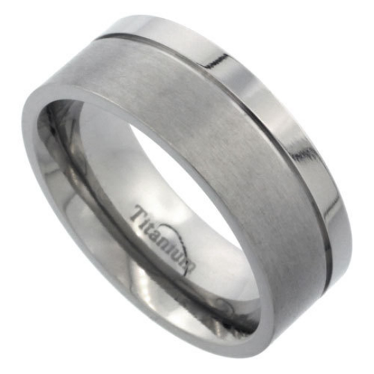 Titanium 8mm Flat Wedding Band Ring One Polished Squared Grooved Edge & Matte Finish Comfort Fit sizes 7 to 14