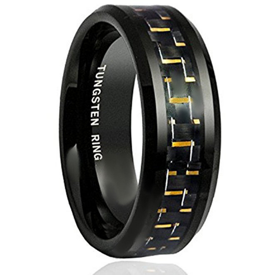 8mm Black Tungsten Wedding Band Gold Carbon Fiber Inlay Beveled Edge Unisex Sizes 7 7.5 8 8.5 9 9.5 10 10.5 11 11.5 12