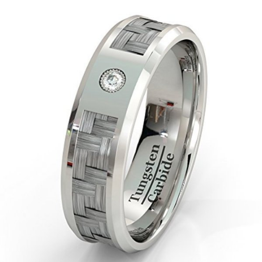 Diamond Tungsten Ring Carbon Fiber Inlay Genuine Diamond Wedding Bands 8mm Comfort Fit Size 8 9 10 11 12 13 14 and Half Sizes 14