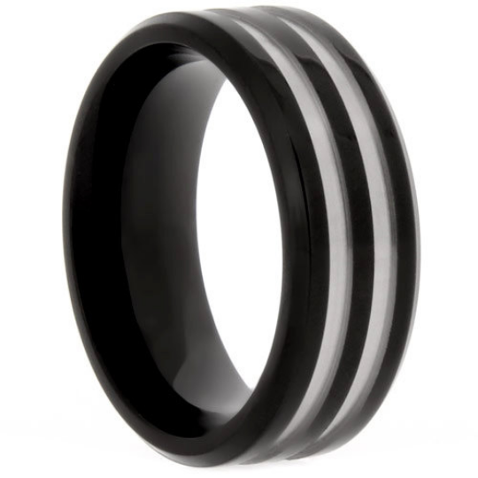 Black Titanium 8MM Wedding Band Grooved Design Polished Finish Ring FREE gift Box Size 5 to 13