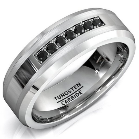 7 Genuine Black Diamonds Tungsten Ring Unisex Wedding Band Beveled Edges 8mm Comfort Fit Size 5 7 8 9 10 11 12 13 14 15 and Half Sizes 14