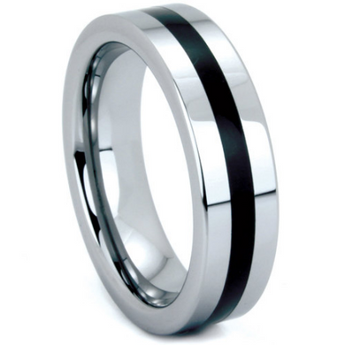 Tungsten Ring 6mm Band Single Row Black Resin Polished Finish Flat Design Sizes 5 6 7 8