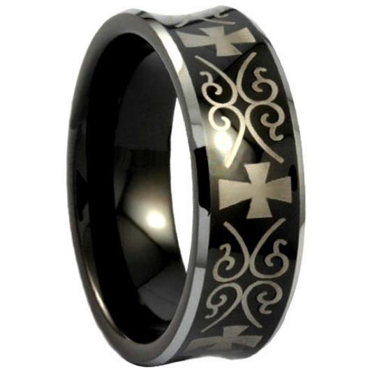 Tungsten 8MM Wedding Band Two Tone Black Tungsten Cross Ring High Polish Finish Comfort Fit Design Size 8 -13