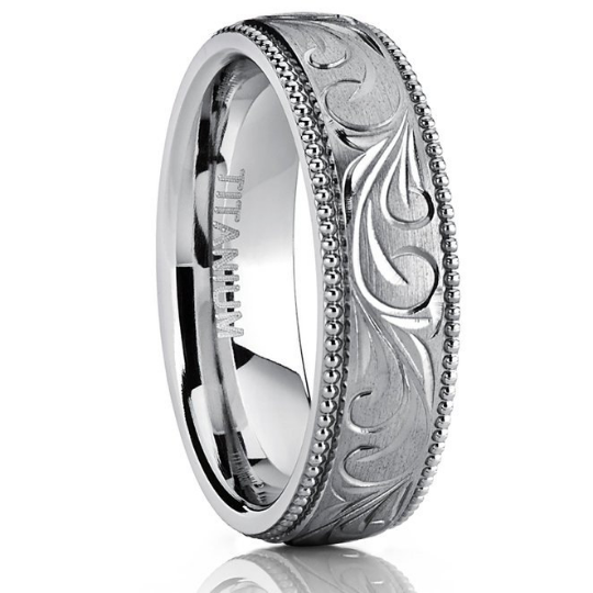 Titanium Wedding Band Comfort Fit Design Hand Engraved Unisex 6mm Width Milgrain Edges Available in Sizes 7 7.5 8 8.5 9 9.5 10 10.5 11 12