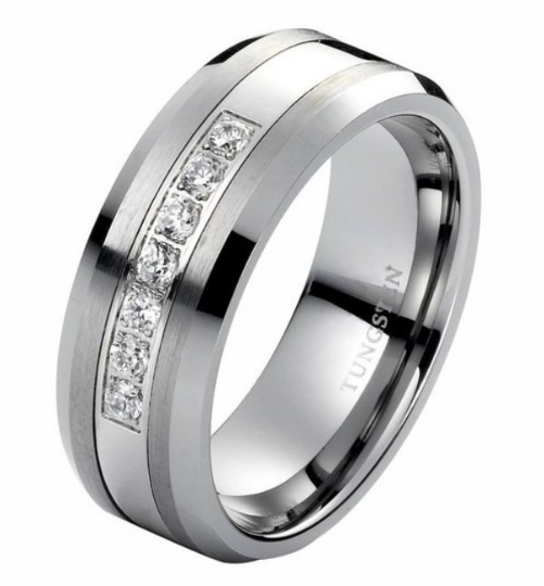7 Genuine Diamonds Tungsten Ring Unisex Wedding Band Polished Beveled Edges 8mm Comfort Fit Size 7 8 9 10 11 12 13 14 and Half Sizes 14