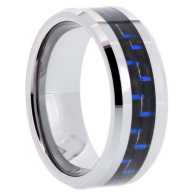 Tungsten Rings Blue Carbon Fiber Inlay Wedding Bands 8mm Wide Comfort Fit Size 5 to 13 + Half Sizes