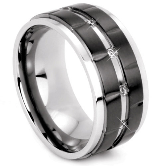 Black Titanium 10MM Wedding Band Cubic Zirconia Gemstones Two Tone Design FREE gift Box Size 9 11 12 13 14