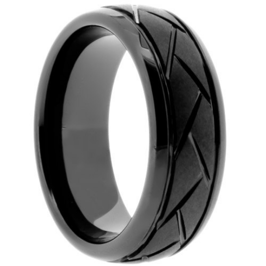 High Tech Ceramic Black Wedding Band Ring 8mm Unique Carved Design Sz 6 - 13 in Half Sizes