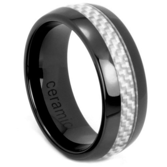 Black Wedding Band 8mm Grey Carbon Fiber Dome Ring High Tech Ceramic Size 7 - 12