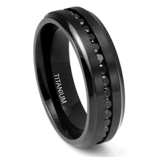 Titanium Eternity Wedding Band 7mm Black Cubic Zirconia Gemstones Channel Set Polished Edges Design Size 7 8 9 10 11 12 13