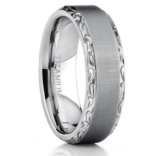 Titanium Wedding Band Comfort Fit Design Hand Engraved Unisex 7mm Width Satin Finish Available in Sizes 7 7.5 8 8.5 9 9.5 10 10.5 11 12