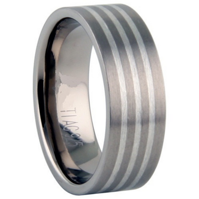 Titanium & Silver Inlay Wedding Band 8mm Width Satin Flat Design Size 9 10 11 12 13