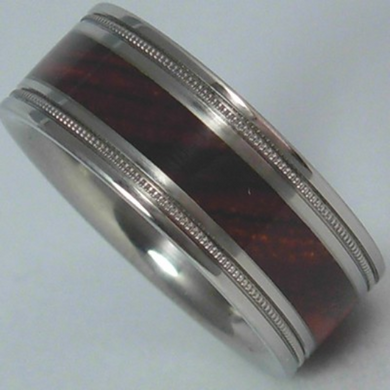 Custom Designed Titanium Wedding Ring W Cocobolo Wood Inlay Unique Band Milgrain Finish Available in Mens and Ladies Size 4-17 Bands